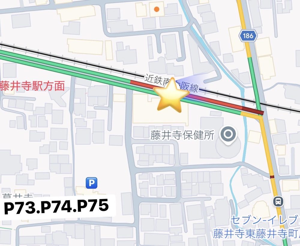 はざま鍼灸整骨院と専用駐車場の位置関係を示した地図。★が院、Pが駐車場（P73・P74・P75）